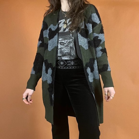 Fuzzy Camo Printed Open Long Cardigan Sweater - Grunge, 90s, 00s - Size XS - Picture 1 of 13